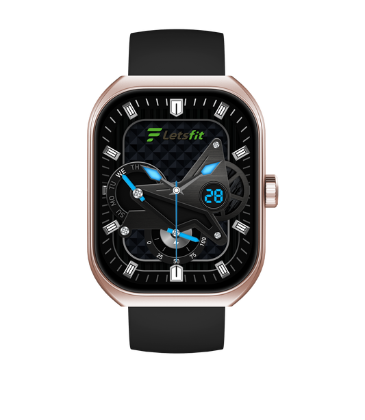 Smartwatch with black strap and rose gold casing on a white background