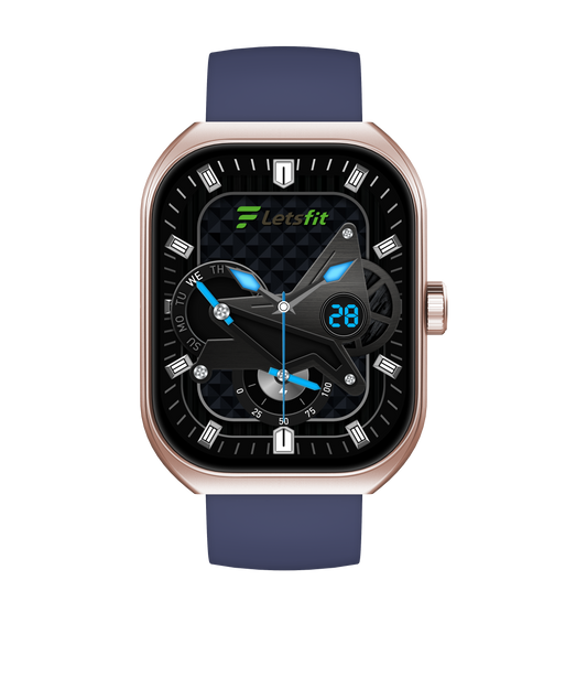 Smartwatch with blue strap and black display on a white background