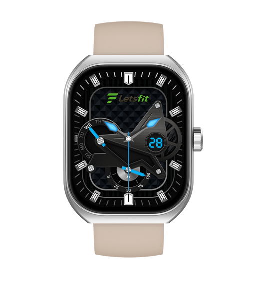 Smartwatch with beige strap and black display on a white background