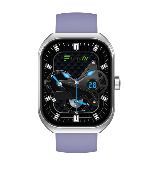 A smartwatch with a silver-toned metal case and a lavender-purple strap, featuring a black digital watch face with a stylized airplane graphic and the 'Letsfit' brand logo.