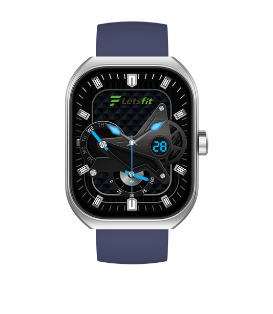Smartwatch with blue strap and black display on a white background