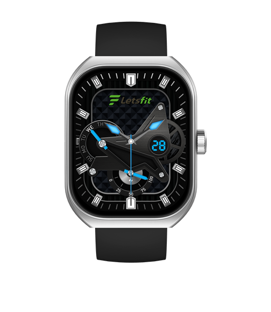 Smartwatch with black strap and detailed display on a white background