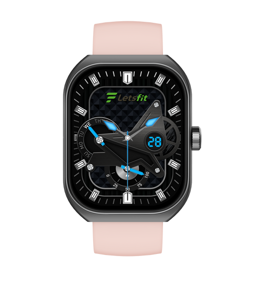 Smartwatch with a pink band and black display on a white background