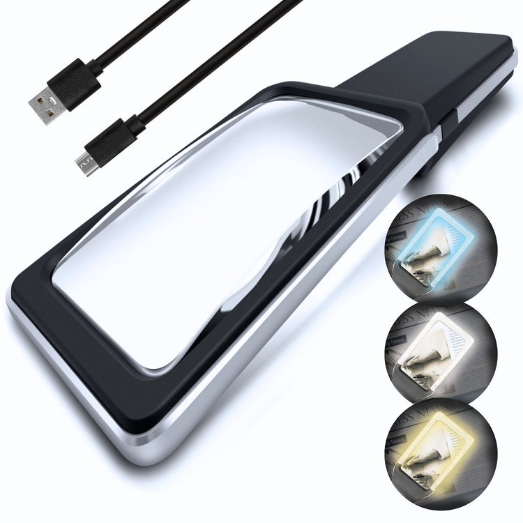 A rechargeable LED magnifying glass with a micro USB cable. The main image shows the magnifier's rectangular lens design and its three color modes for LED lighting.