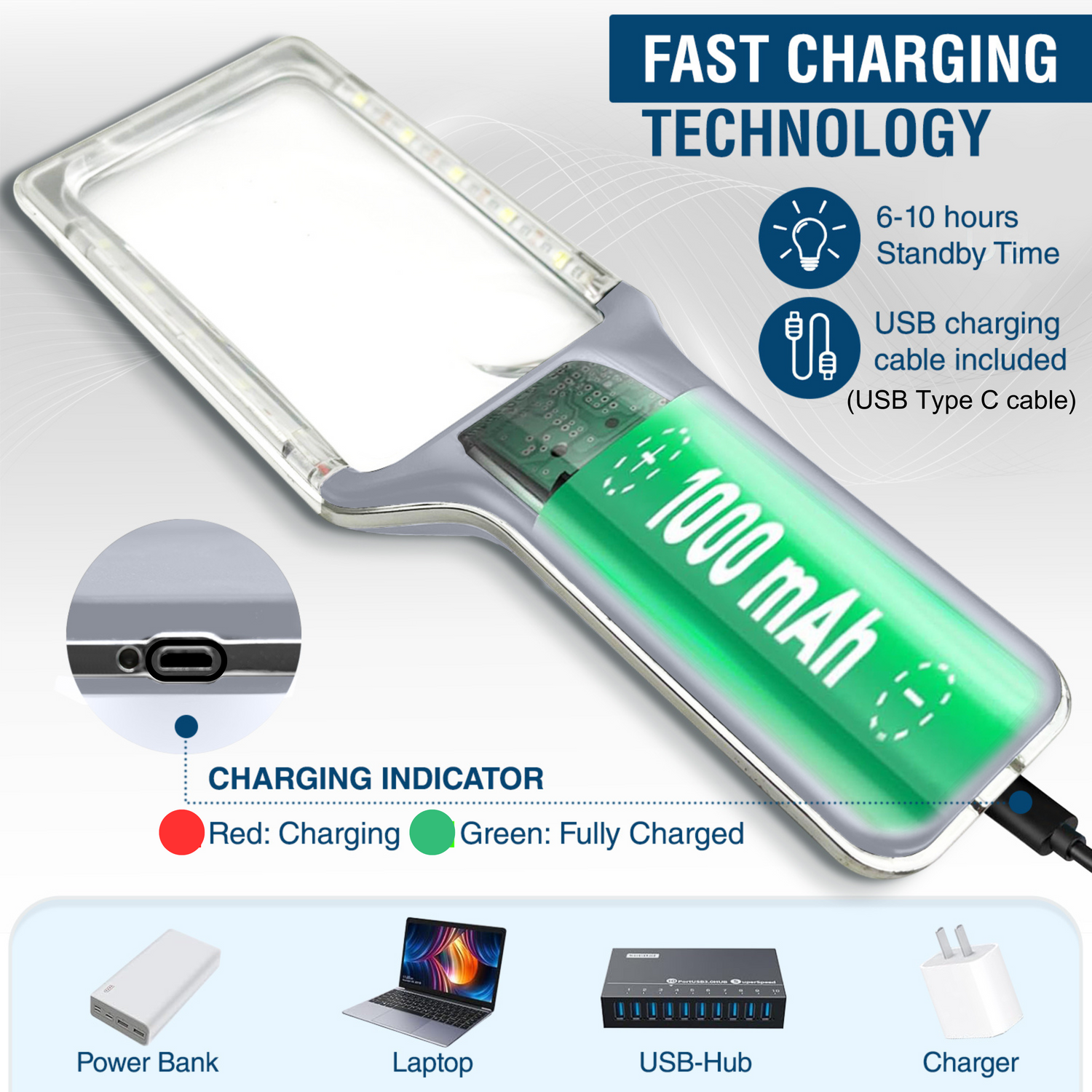 Portable power bank with charging indicator and fast charging technology features.