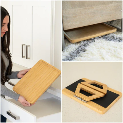 Collage of a woman using a cutting board, a close-up of a cutting board on a surface, and two cutting boards stacked together.