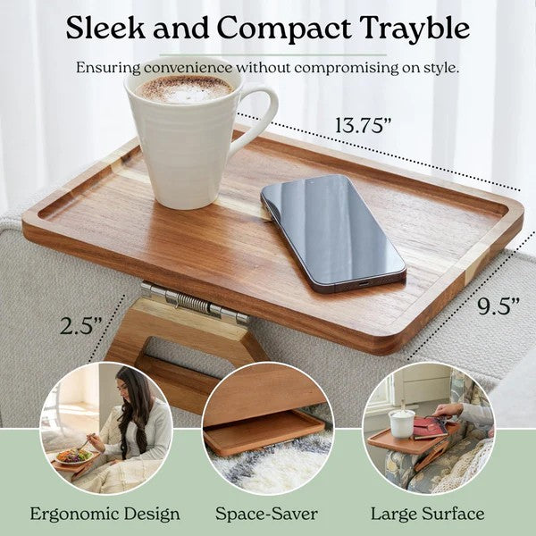 Wooden tray with cup and phone, labeled 'Sleek and Compact Trayble' with measurements and features.