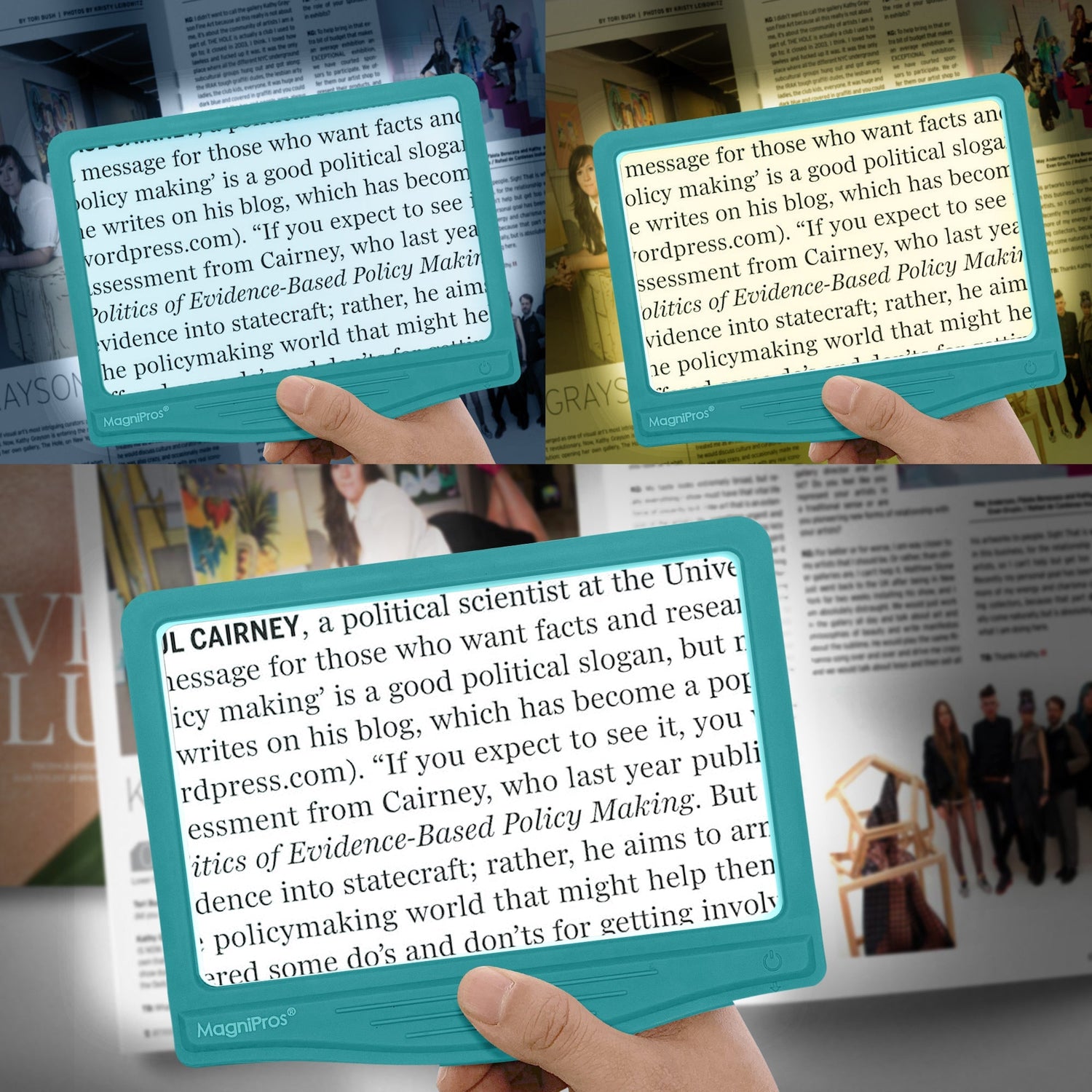 Person holding a teal card with text over a blurred background of books and people.