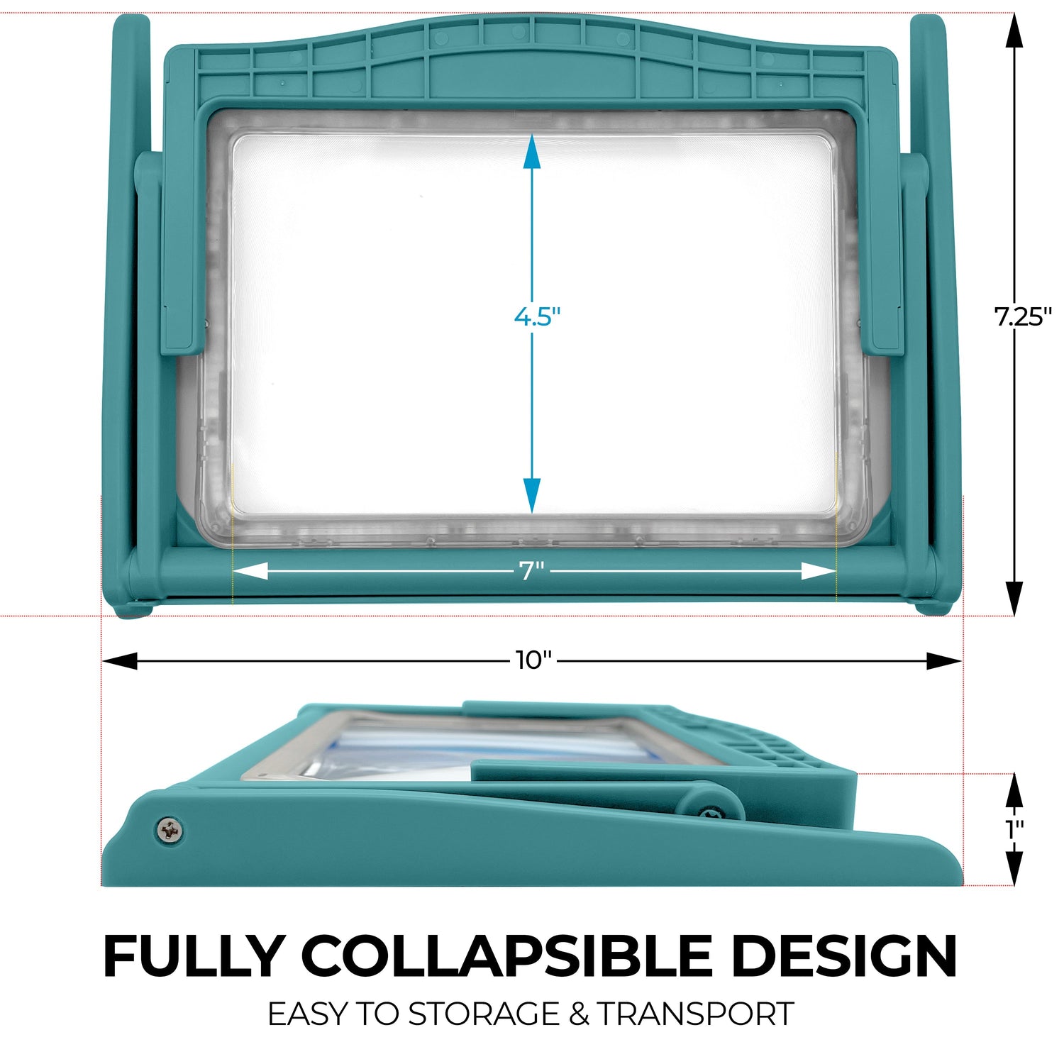 Teal and clear frame with dimensions and collapsible design feature on a white background