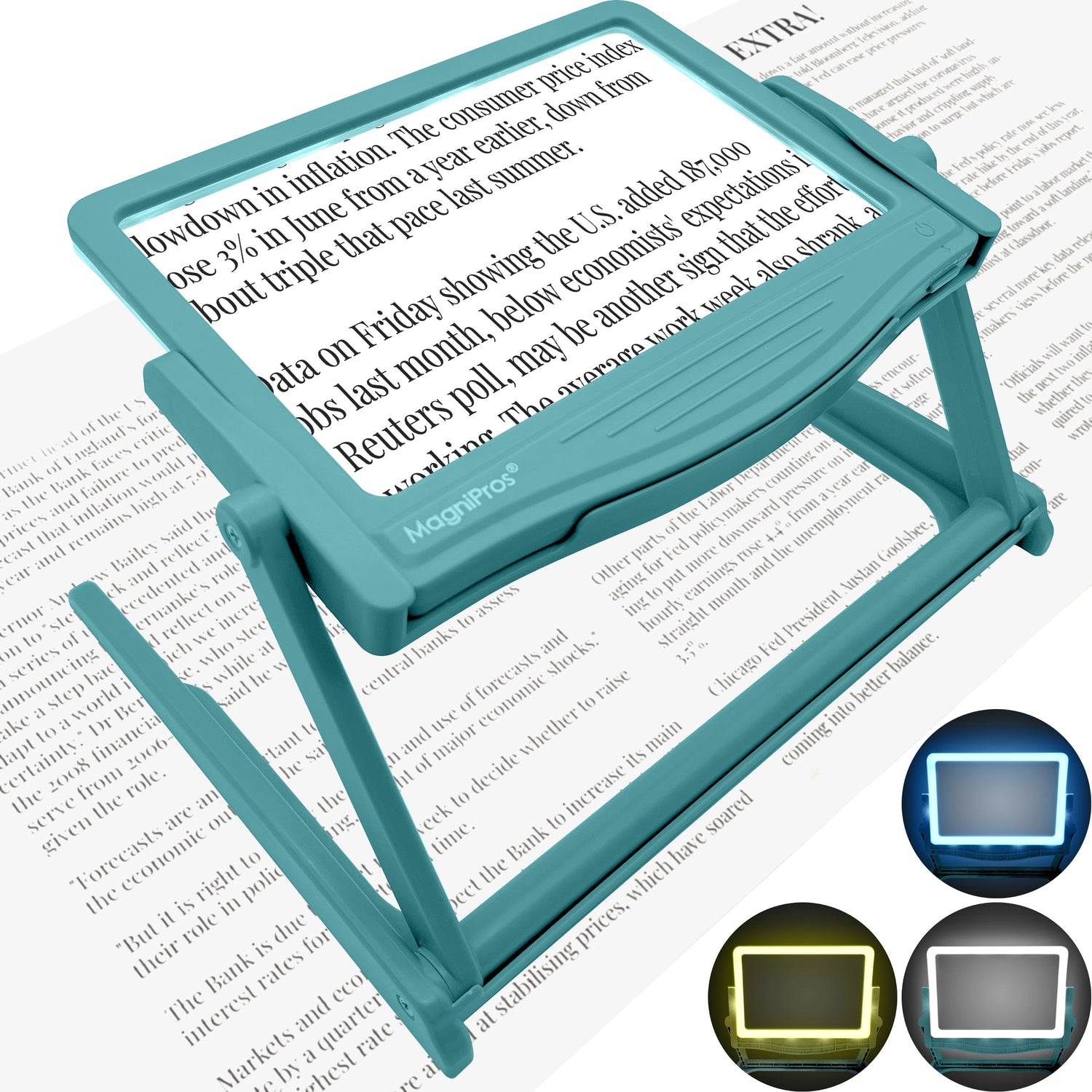 Teal magnifying glass on a white background with text