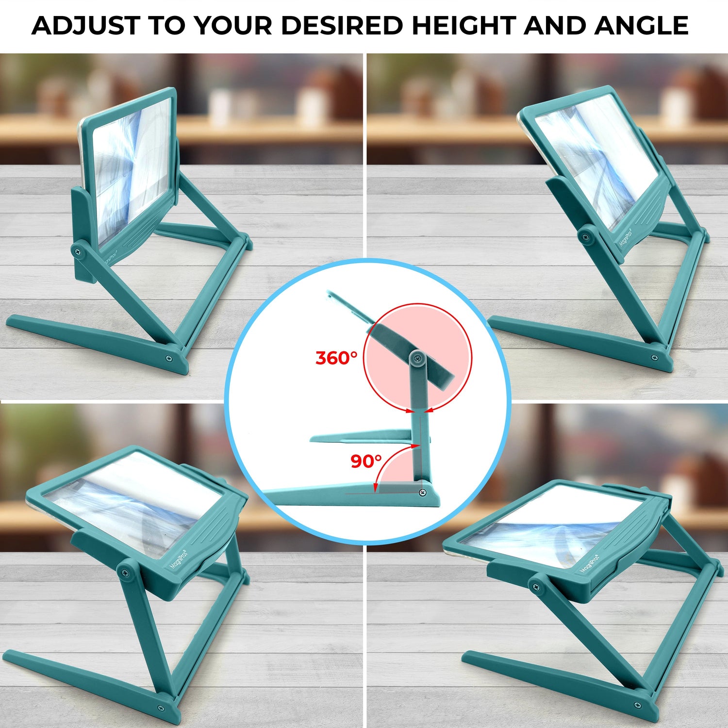 Teal adjustable tablet stand on a wooden surface with multiple angles shown.