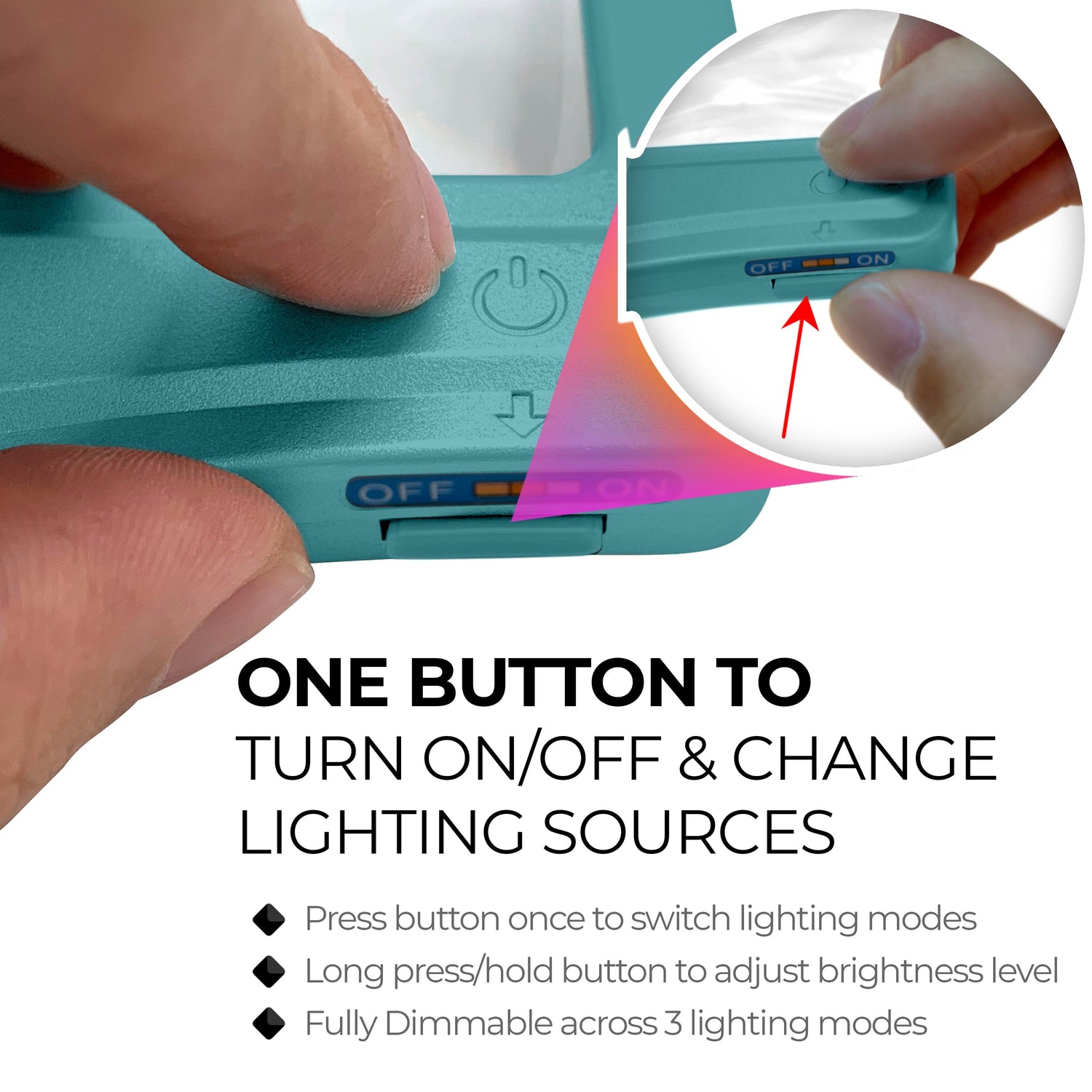 Teal device with button control for lighting modes and brightness, close-up of hand interaction.