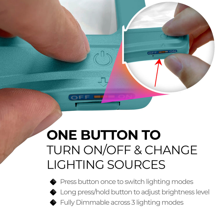 Teal device with button control for lighting modes and brightness, close-up of hand interaction.