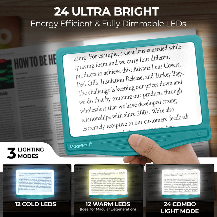 MagnePro LED reading light held over a book with text, showing different lighting modes.