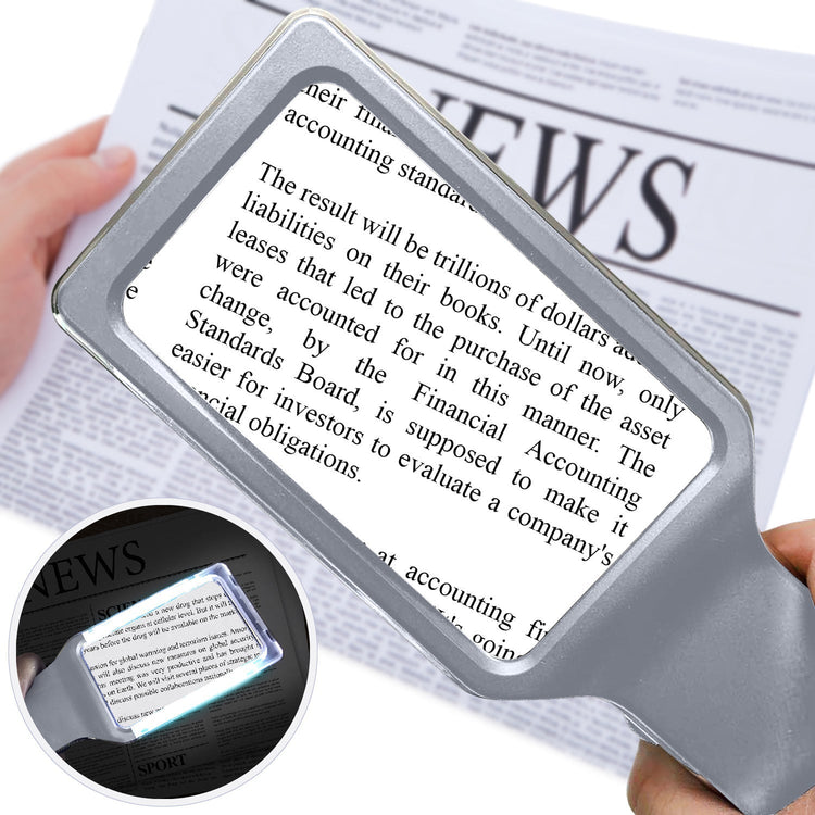 Handheld magnifying glass held over a newspaper with close-up inset showing text放大.