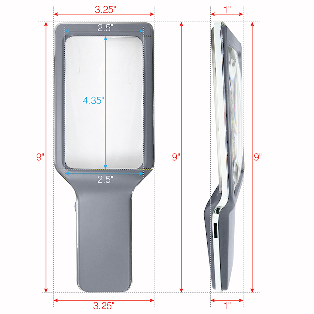 Measurement chart of a handheld mirror with dimensions labeled.