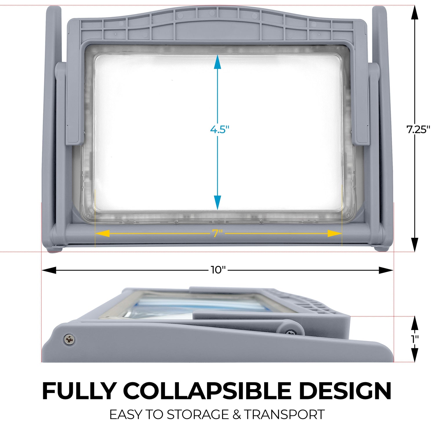 Collapsible design of a window screen with dimensions labeled