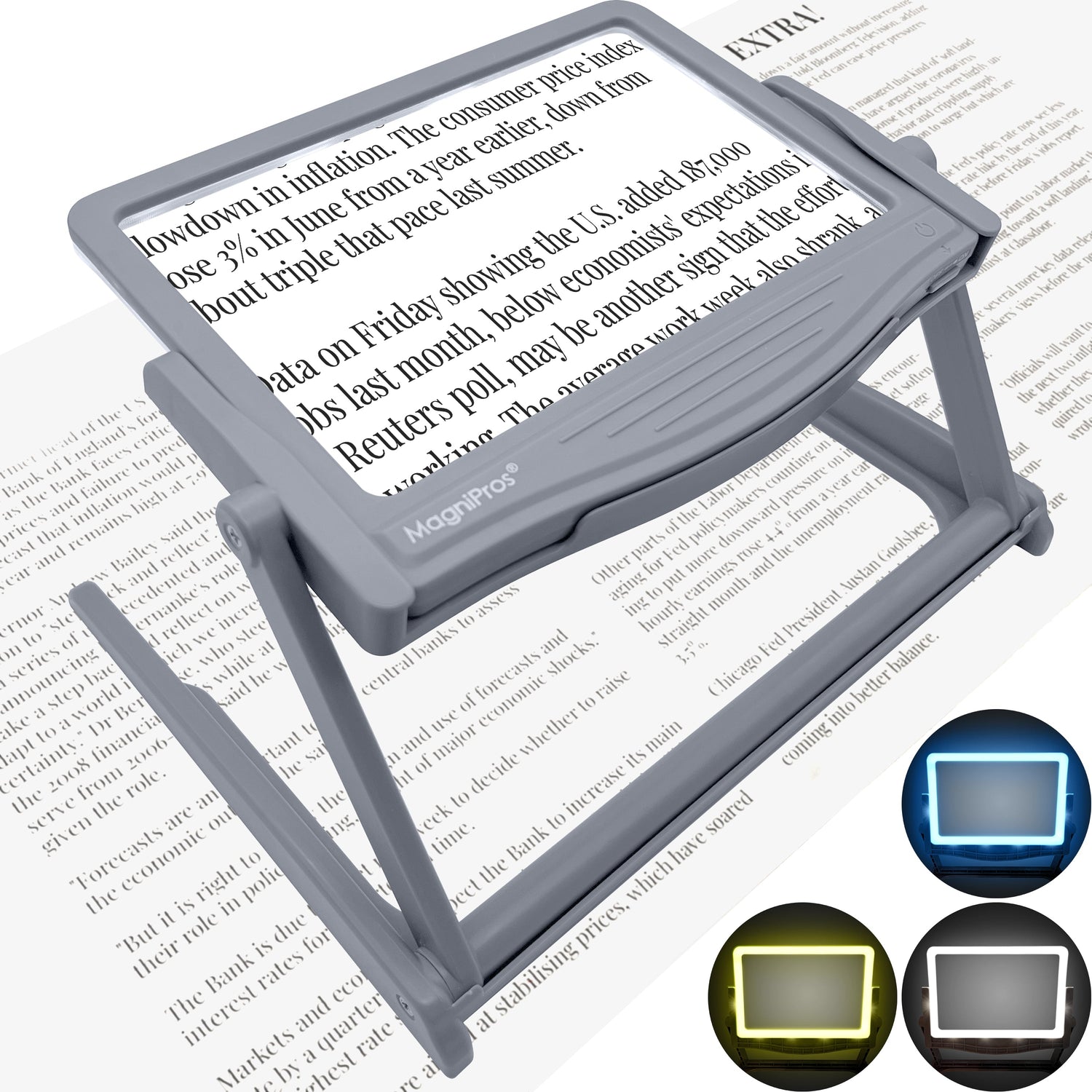 Gray magnifying glass on a piece of text with color options displayed below