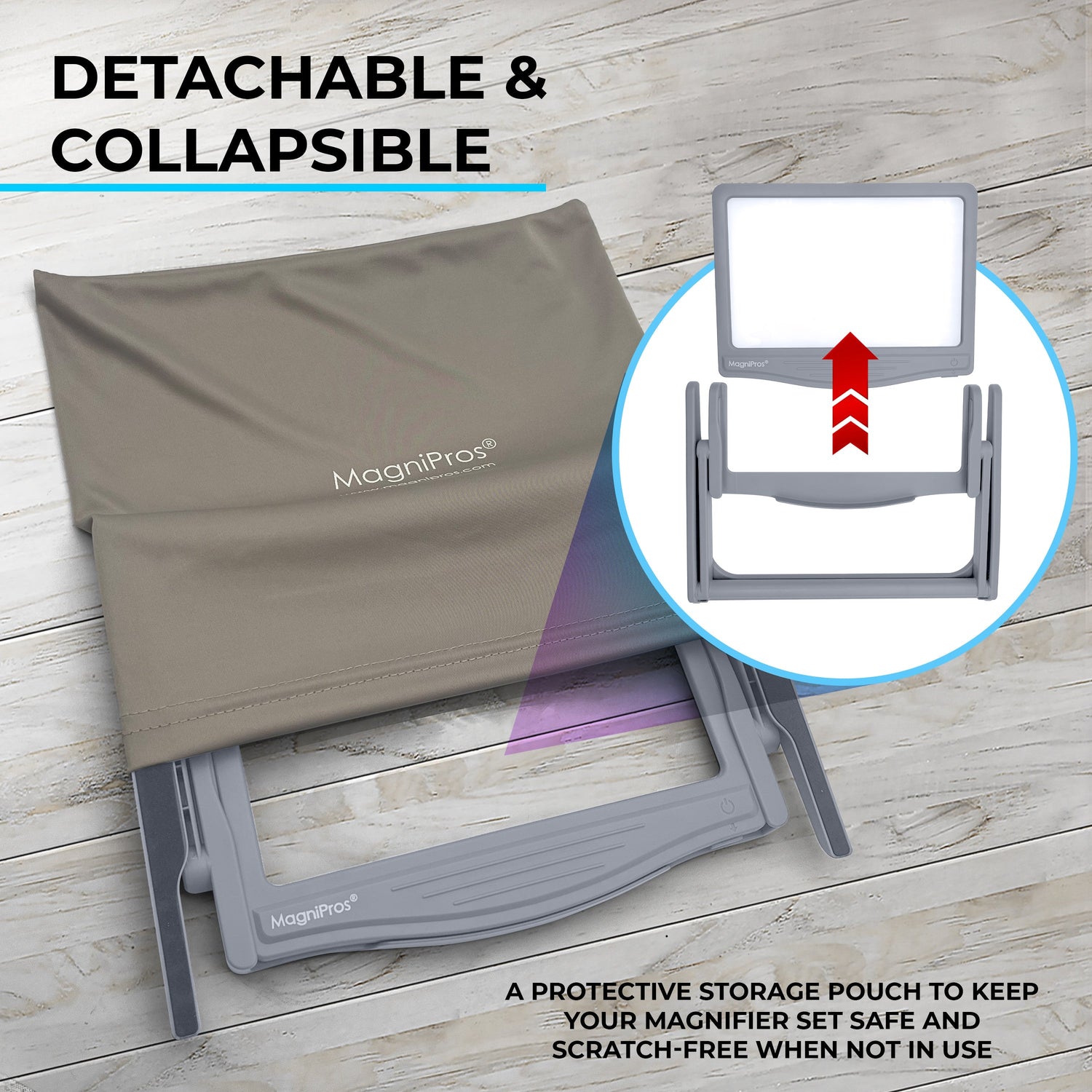 Magnifying glass set with detachable and collapsible design on a wooden surface