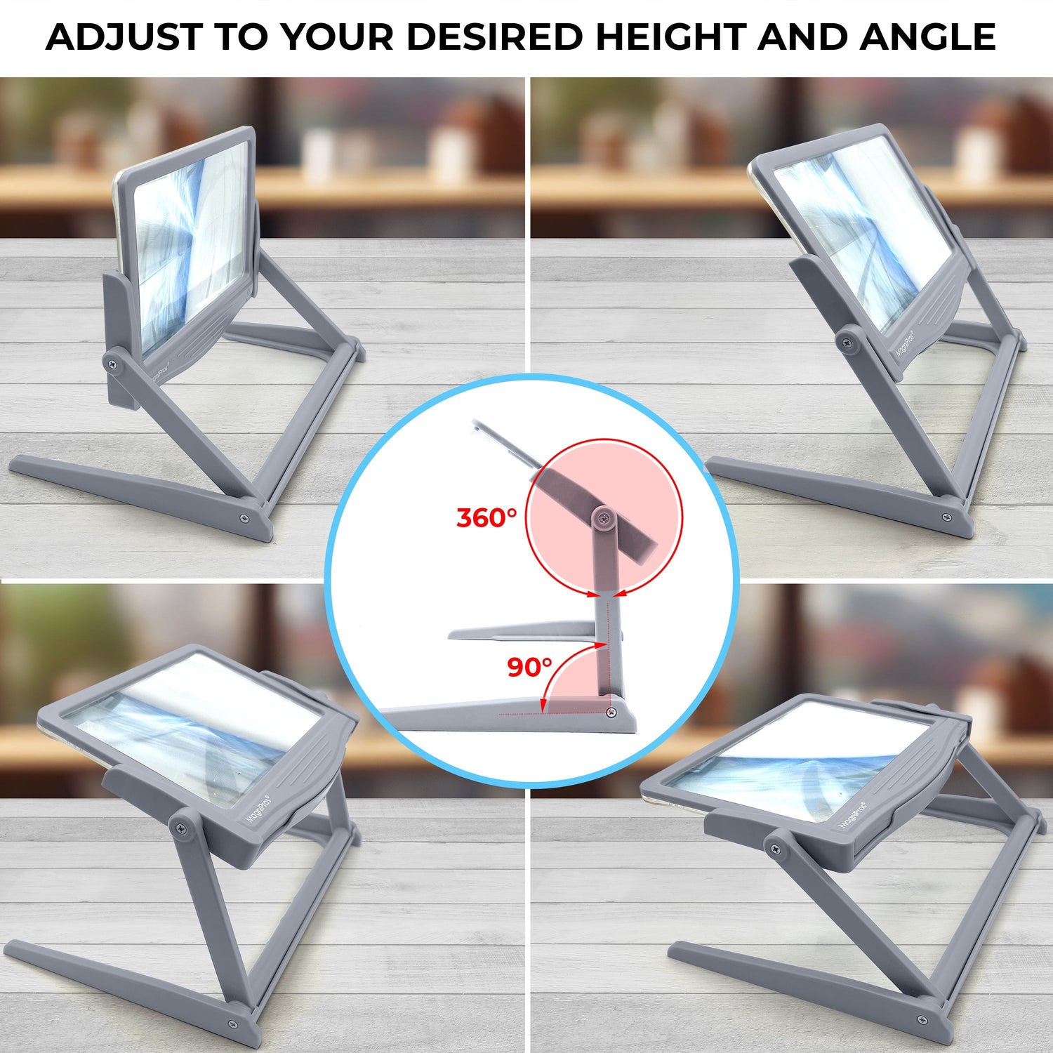 Collage of a adjustable tablet stand with 360-degree rotation on a wooden surface.