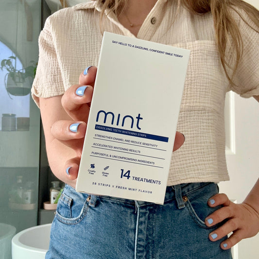 Box of Mint dental whitening strips on a white background