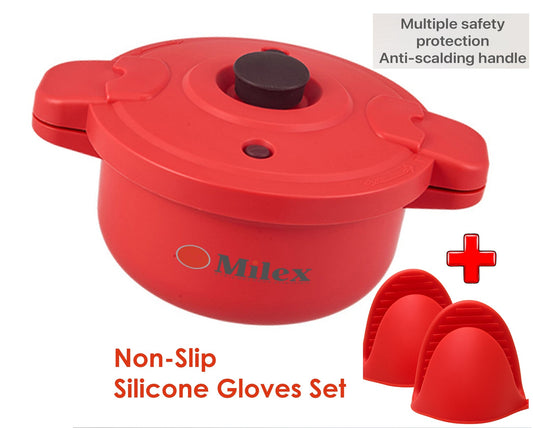 Red silicone pot lid handle and non-slip glove set by Milex, shown on a white background with product text and a plus sign graphic.