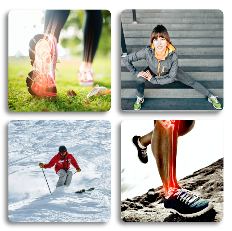 Four images showing different activities: running, stretching, skiing, and a close-up of a leg. Each image is labeled with a red dot.