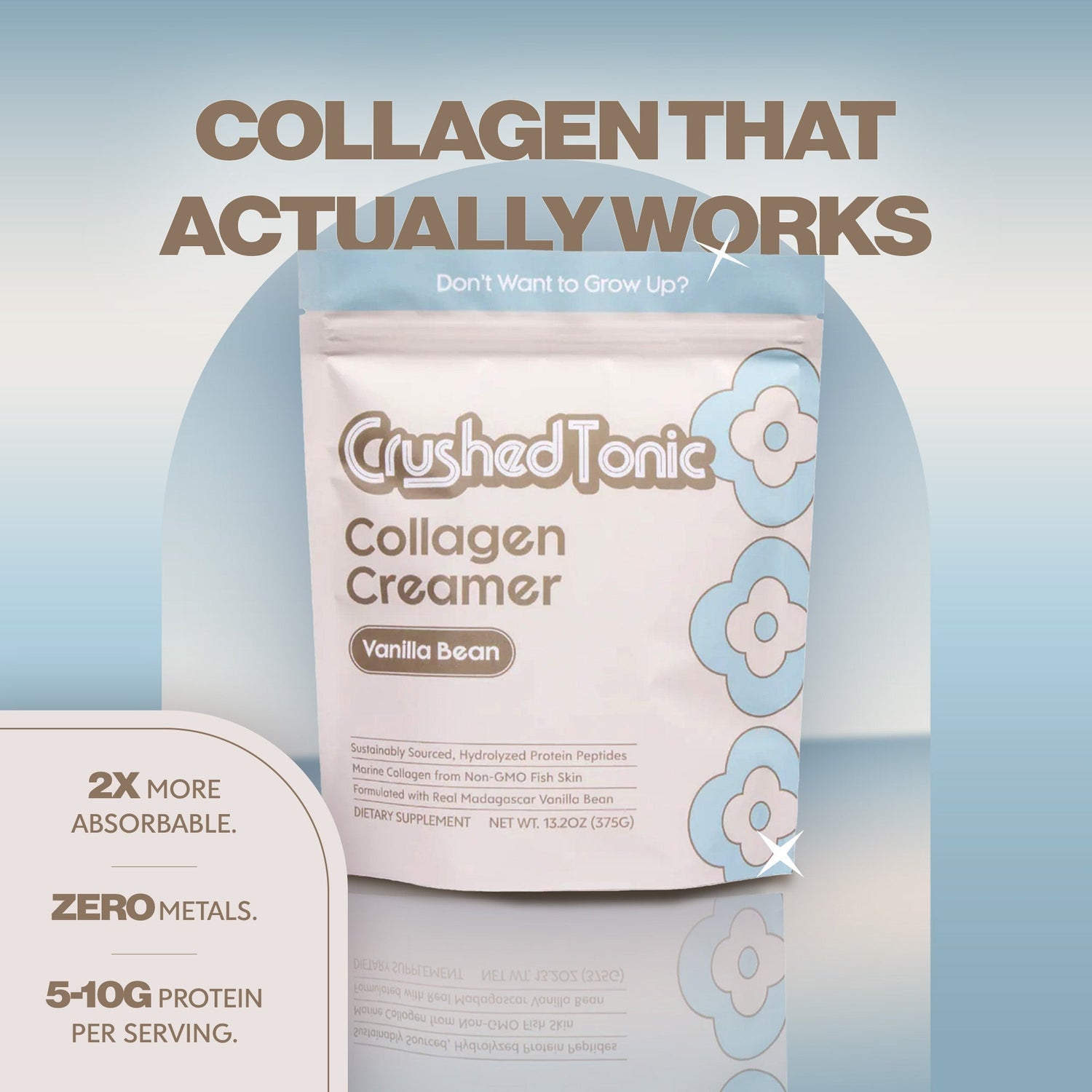 Collagen creamer package with branding and product details on a light blue background