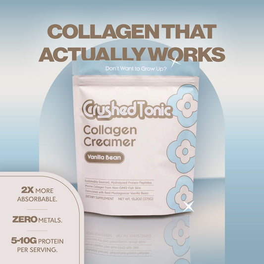 Packaging of Crushed Tonic Collagen Creamer Vanilla Bean on a white background