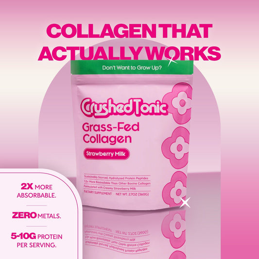 Pink package of Crushed Tonic Grass-Fed Collagen Strawberry Milk flavor on a white background