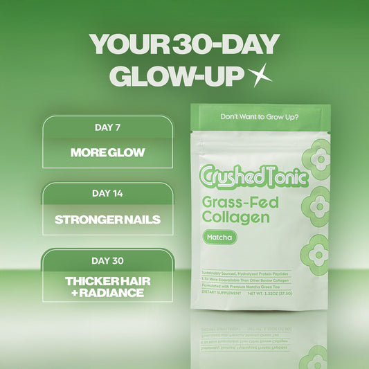 Package of Crushed Tonic Grass-Fed Collagen Matcha on a white background