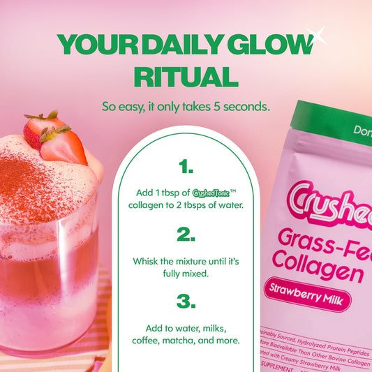 Pink package of Crushed Tonic Grass-Fed Collagen Strawberry Milk flavor on a white background