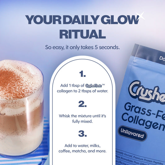 Blue package of Crushed Tonic Grass-Fed Collagen on a white background