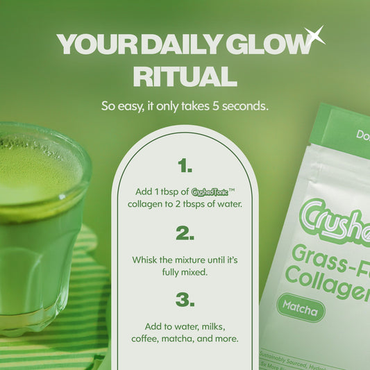 Package of Crushed Tonic Grass-Fed Collagen Matcha on a white background
