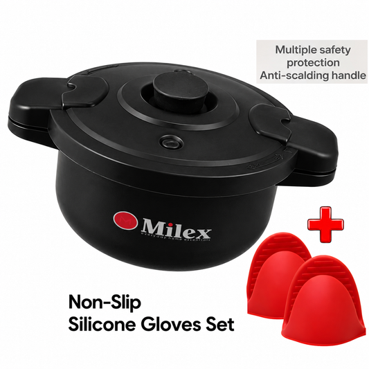 Black kitchen appliance with red silicone gloves on a white background, featuring Milex branding.