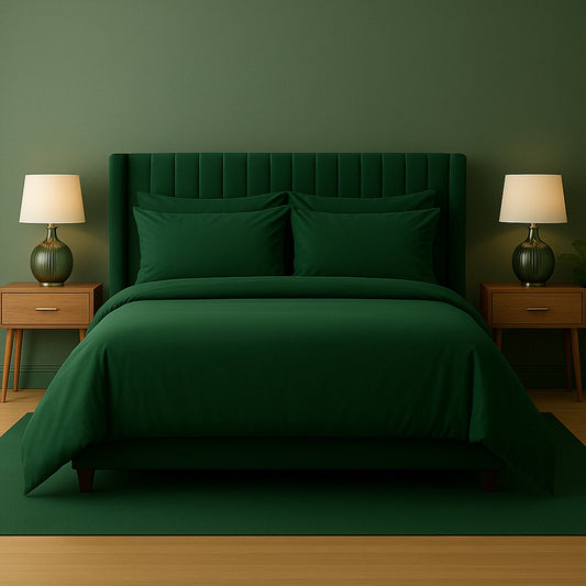Neatly made bed with beige bedding in a bedroom setting.