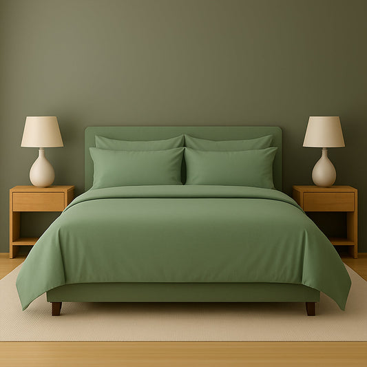Neatly made bed with white bedding and pillows in a room with wooden nightstands and lamps.
