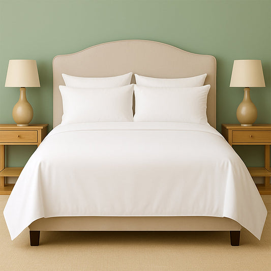 Neatly made bed with white bedding and pillows in a room with wooden nightstands and lamps.