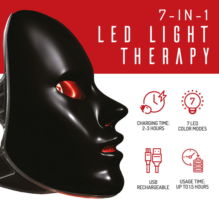 Black LED light therapy mask with red lights on a red and white background
