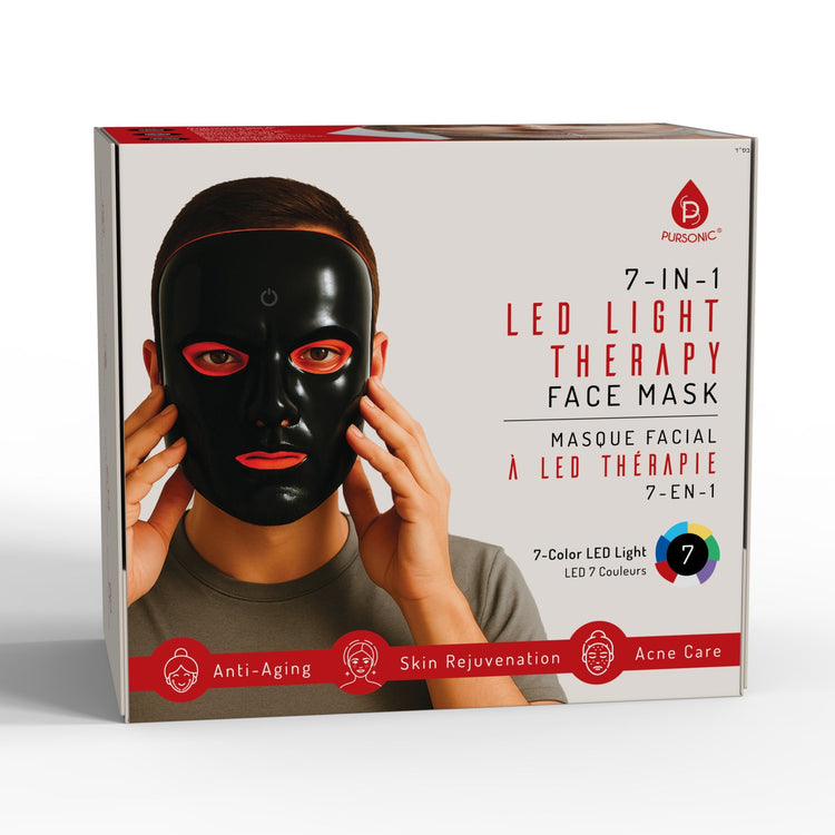 LED light therapy face mask packaging with a person wearing the mask on a white background