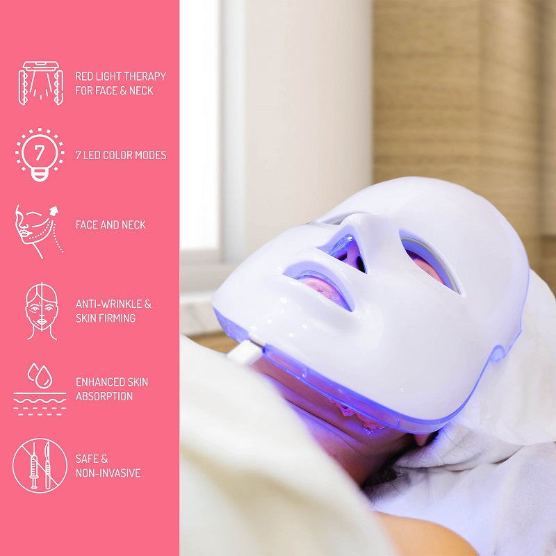 Person wearing a LED facial mask with text on red light therapy and features.