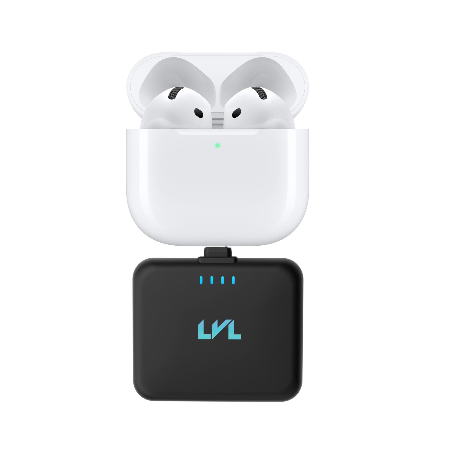 Wireless earbuds in a charging case with a black adapter on a white background
