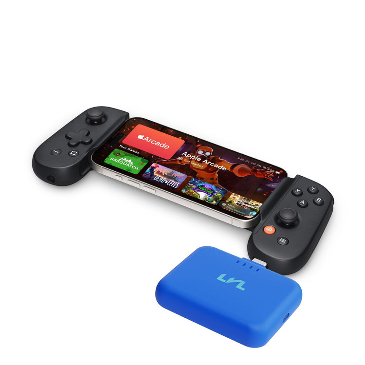 Phone with gaming app interface, two controllers, and a blue accessory on a white background