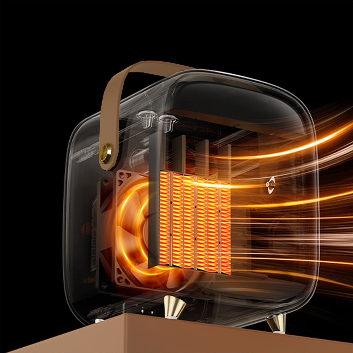 Clear suitcase with brown handle on a black background