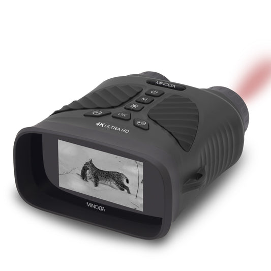 Black digital rangefinder with screen displaying a deer in a grassy field on a white background