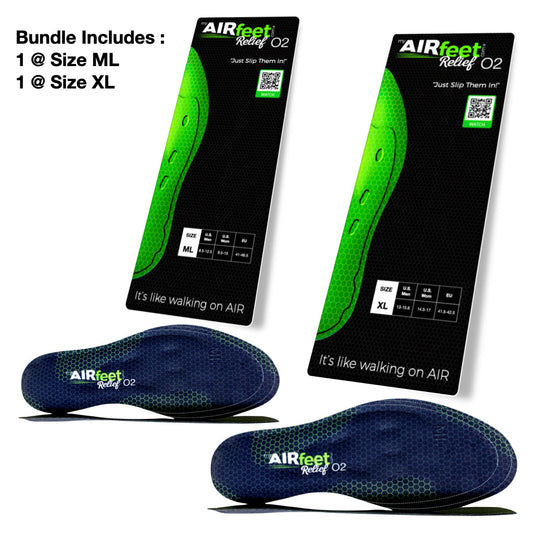 Two pairs of AIRfeet O2 shoe inserts with packaging on a white background.