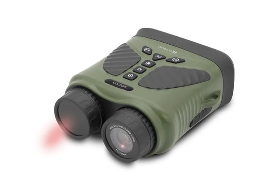 Black digital rangefinder with screen displaying a deer in a grassy field on a white background