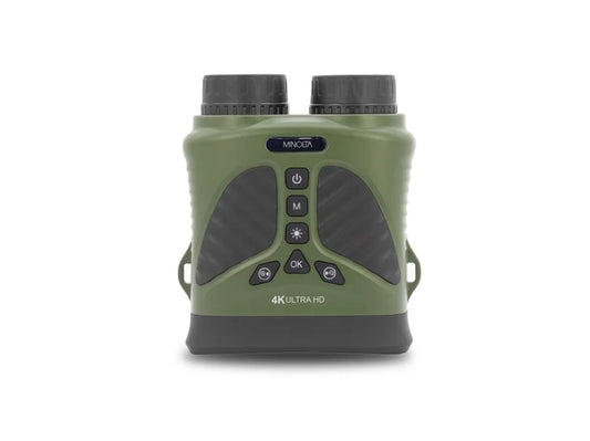 Black digital rangefinder with screen displaying a deer in a grassy field on a white background