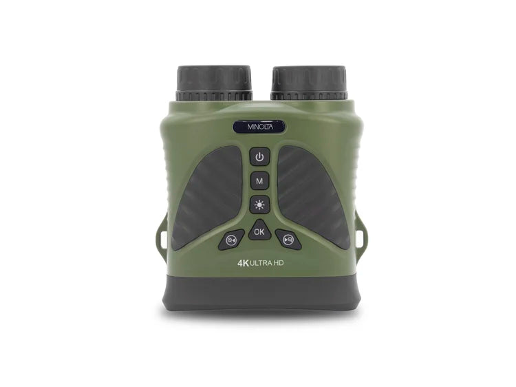 Green laser rangefinder with Minolta branding on a white background