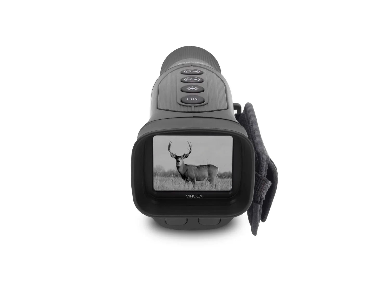 Digital camera with screen displaying a deer image on a white background